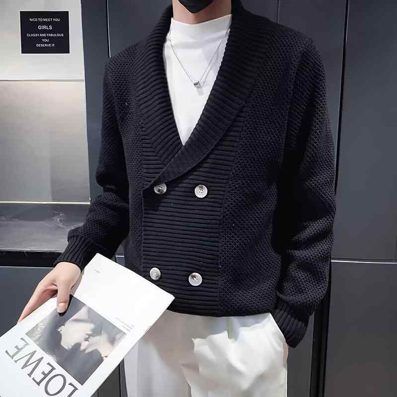 ニット カーディガン メンズ 紳士服 ビジネス 厚手 青果襟 ダブルブレスト セーター トップス 秋冬物 カジュアル 高弾性 黒 ブラック ベージュ