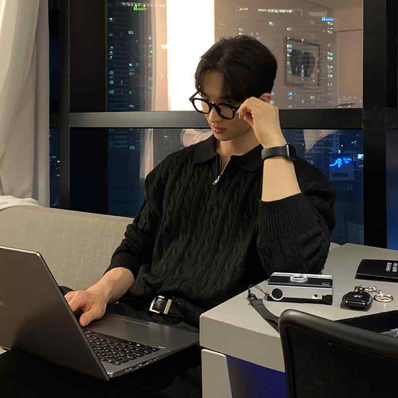 ニット メンズ POLOシャツ ハーフジップ プルオーバー ケーブル編み 韓国風 ファッション トップス 長袖 秋冬 普段使い 部屋着 アクリル 黒｜シャドーテール