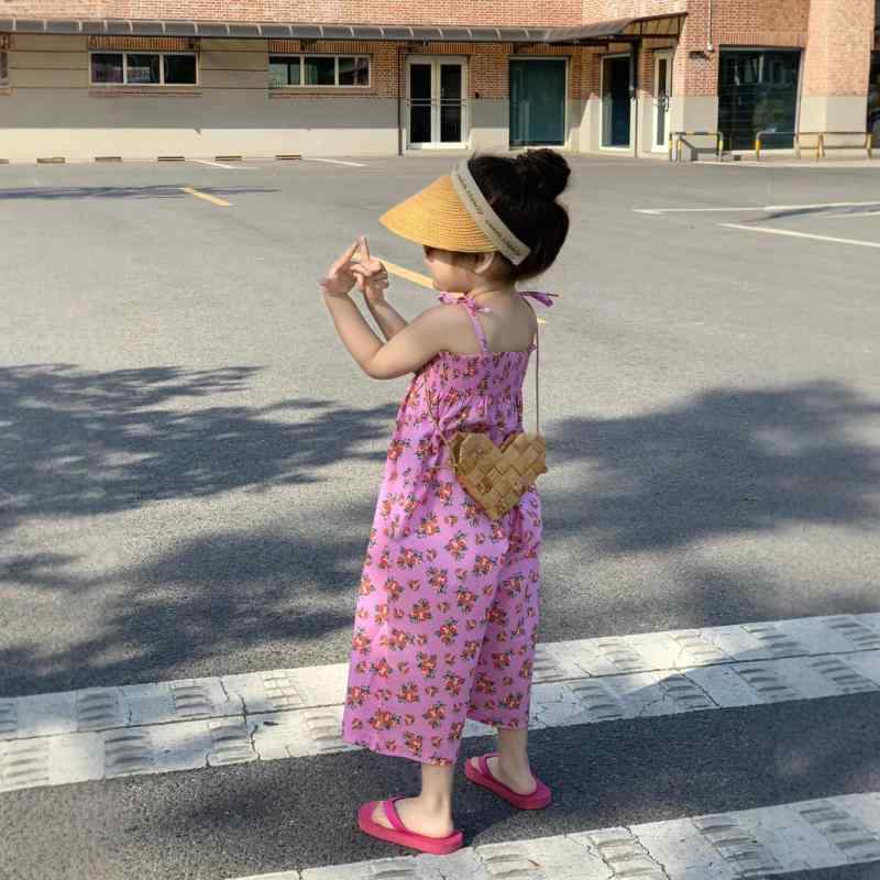 子供服 女の子 サロペット パンツ 夏 綿混紡 小花柄 吊りズボン ワイドレッグ パンツ 9分丈 100 110 120 130 140 ピンク系 かわいい ガールズ