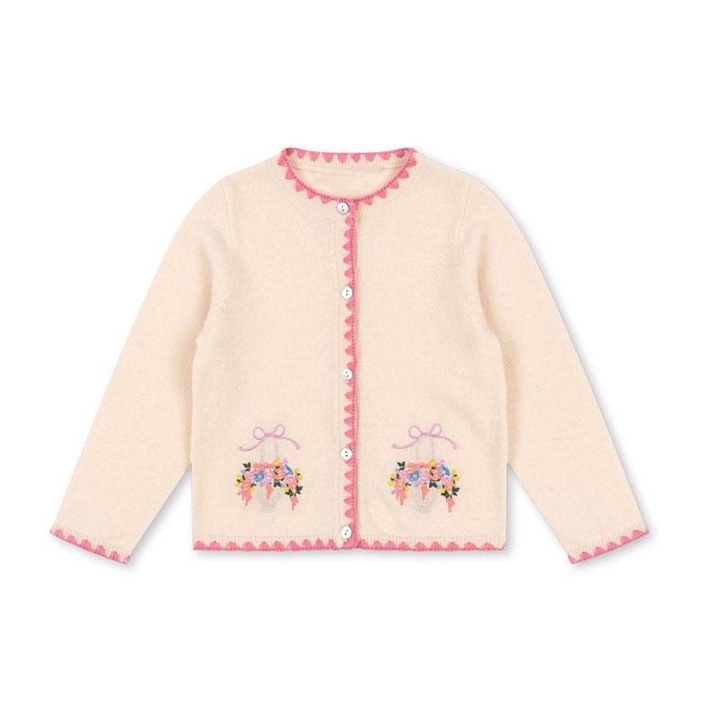 子供服 ニット セットアップ 女の子用 カーディガンとノースリーブワンピース 花柄 刺繍 ミルクホワイト 春秋