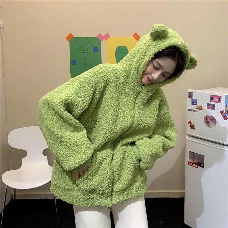パーカー レディース 小熊 耳 フード付き 羊毛風 フリース 厚手 秋冬 かわいい カジュアル トップス ゆったり アウター アイボリー