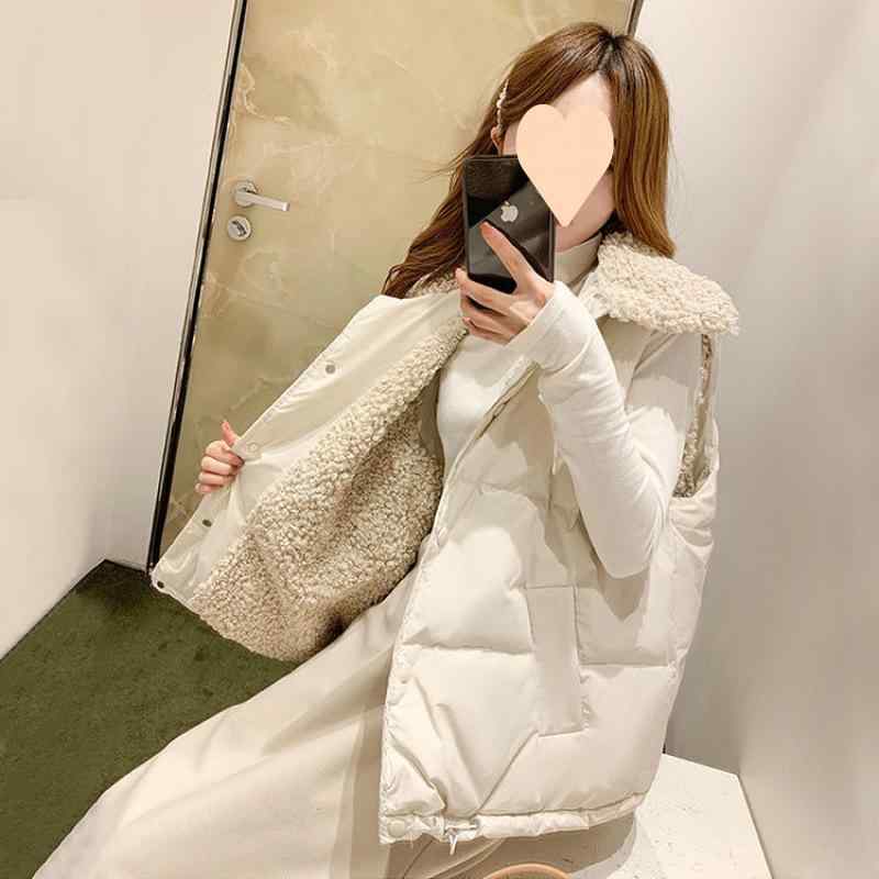 ベスト レディース 秋冬 韓国風 羊毛 ラムウール 短め丈 ゆったり あったか 厚手 アウター チョッキ ノースリーブ トップス 米杏色 黒
