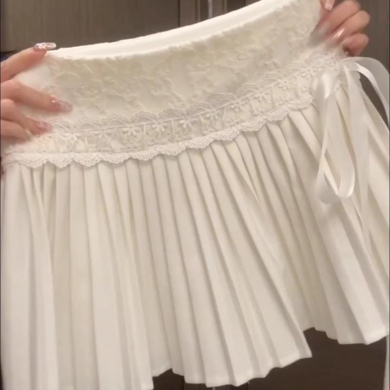スカート レディース ケーキスカート ミニスカート かわいい レース 切り替え プリーツスカート 白 ポリエステル 韓国風 日韓 カジュアル 普段使い デート