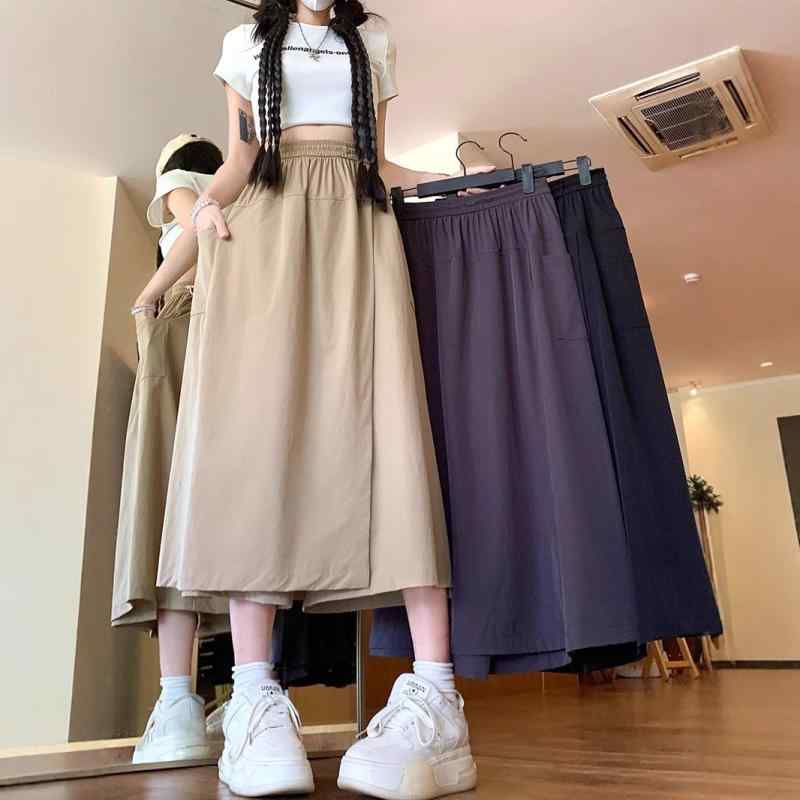 パンツ レディース 春夏 接触冷感 高見え ワイド キュロット スカンツ 9分丈 ハイウエスト ゆったり 薄手 カジュアル 無地 深灰色 カーキ色 ブラック