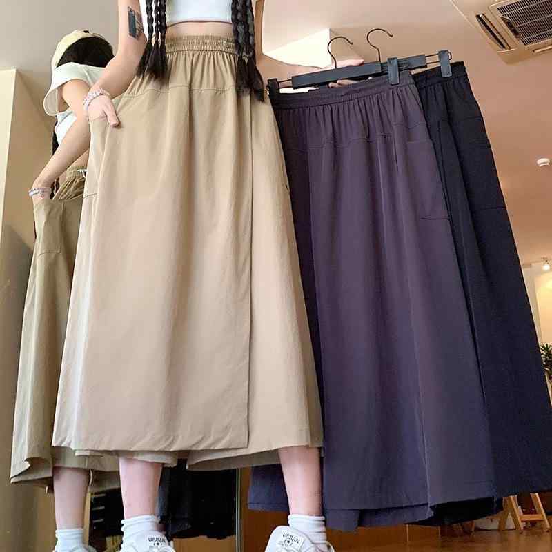スカート レディース 春夏秋冬 ワイドレッグパンツ ゆったり ハイウエスト 体型カバー 着痩せ 綿混紡 9分丈パンツ 普段使い 韓国風 カジュアル ブラック グレー カーキ