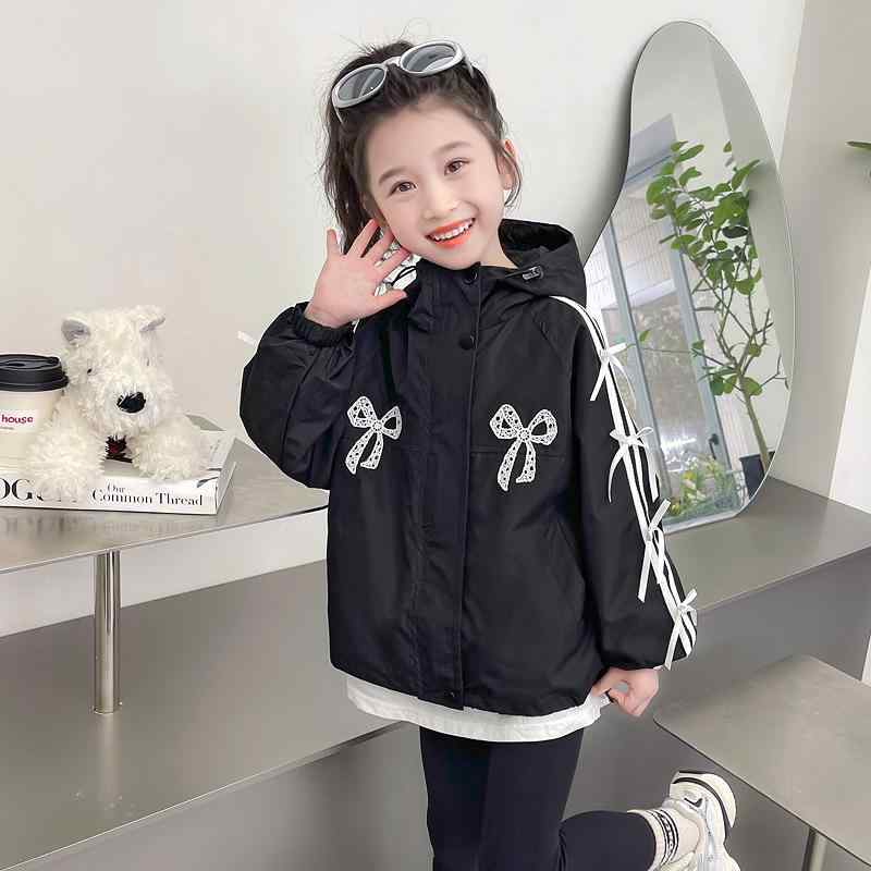 子供服 ジャケット 女の子 アウター 春秋 ブルゾン ジャンパー 韓国風 かわいい リボン フード付き 撥水 防風 100cm 110cm 120cm 130cm 140cm 150cm ピンク ブラック