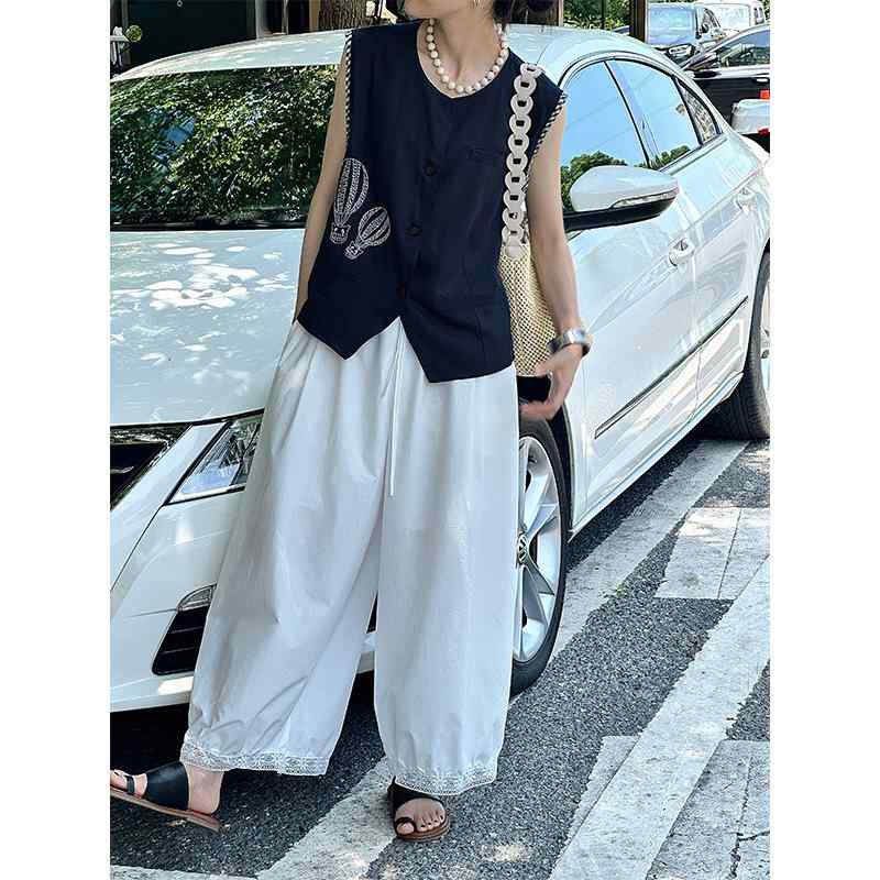 限りない レディース 刺しゅう 天竺麻 ジレー トップス ラウンドのど頚 無地 紺色 白いこと 日韓 心地よい