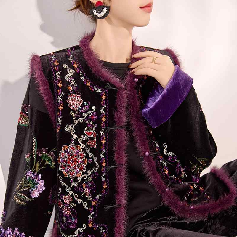 ベスト レディース 新中国スタイル レトロ 刺繍 デザイン ミンクファー 中綿入り Vネック ゆったり 黒紫 文芸復古 チャイナスタイル 秋冬
