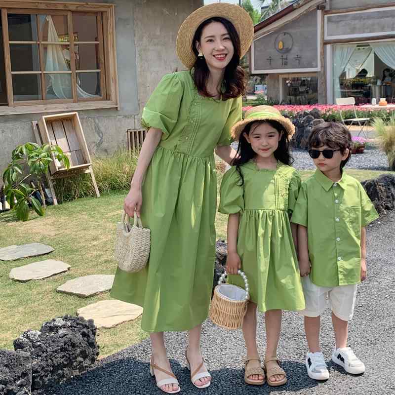 親子 ペアルック ワンピース 半袖 薄手 夏 母娘 全家 抹茶グリーン 無地 90cm 100cm 110cm 120cm 130cm 140cm 150cm M L XL 2XL