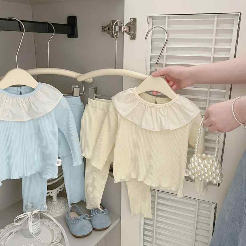 子供用セットアップ 長袖トップス パンツ 上下2点セット 幼児 女の子 春秋 かわいい フリル襟 無地 コットン 73 80 90 100 110 ブルー系 ベージュ系
