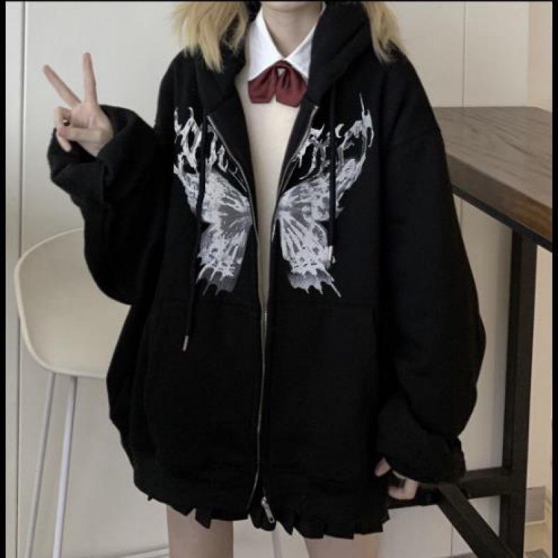 パーカー レディース フーディ ジップアップ 字母 バタフライ プリント 裏起毛 秋冬 暖かい かわいい 韓国風 カジュアル ブラック