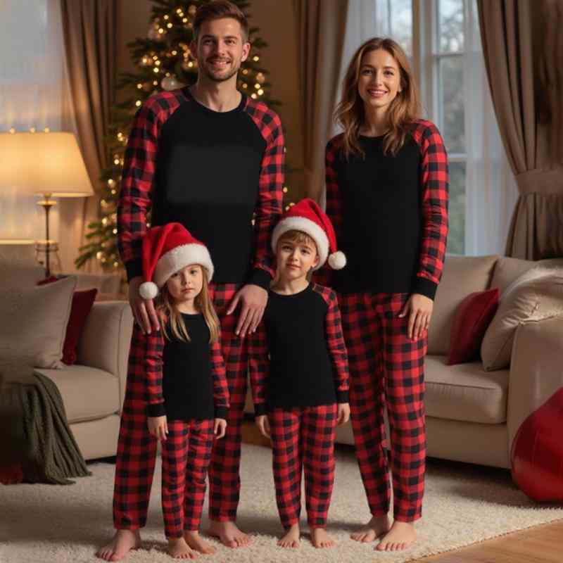 パジャマ 親子ペア 家族お揃い クリスマス サンタクロース プリント 秋冬 部屋着 ルームウェア 磨毛 ブラック レッド チェック柄 かわいい 伸縮性