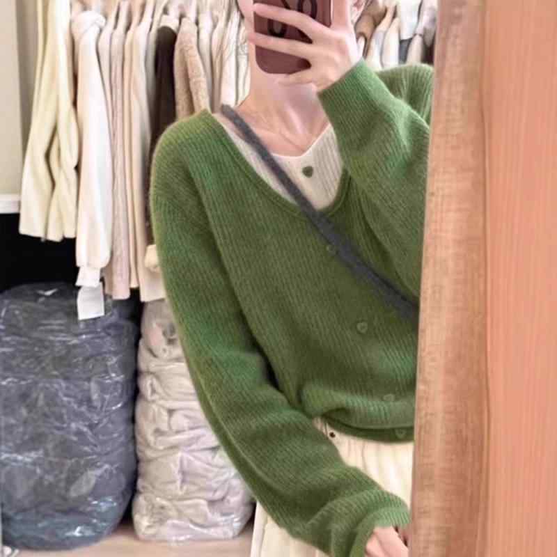 ニット レディース 韓国風 Vネック フェイクレイヤード プルオーバー 薄手 ポリエステル 普段使い 通勤 接触冷感 伸縮性 グリーン ピンク系 ベージュ