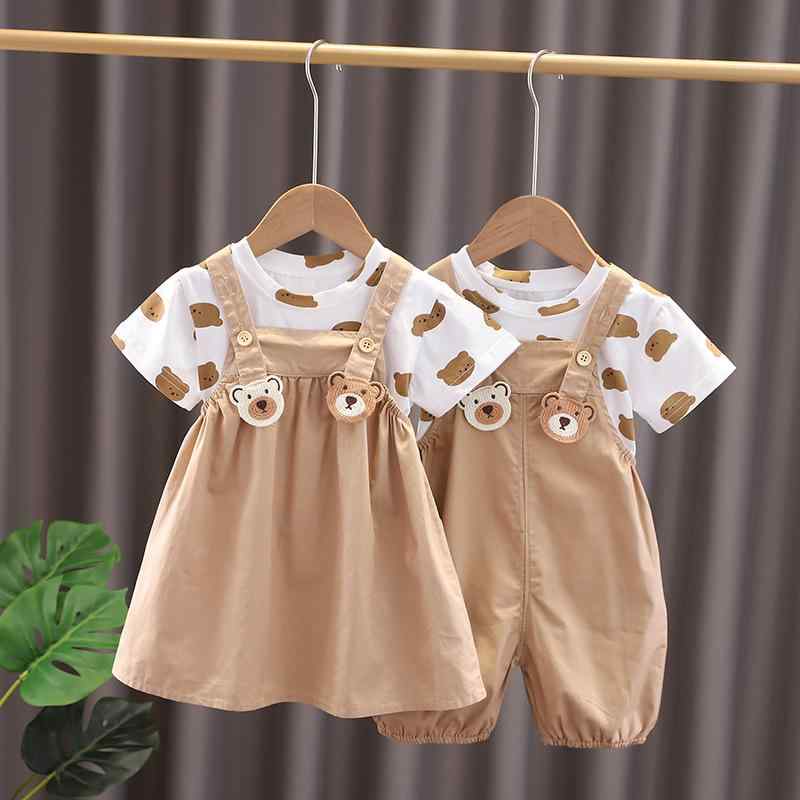 キッズ ベビー 上下セット 夏服 半袖 トップス ハーフパンツ ショートパンツ 薄手 コットン セットアップ カートゥーン ベージュ 80 90 100 110 120