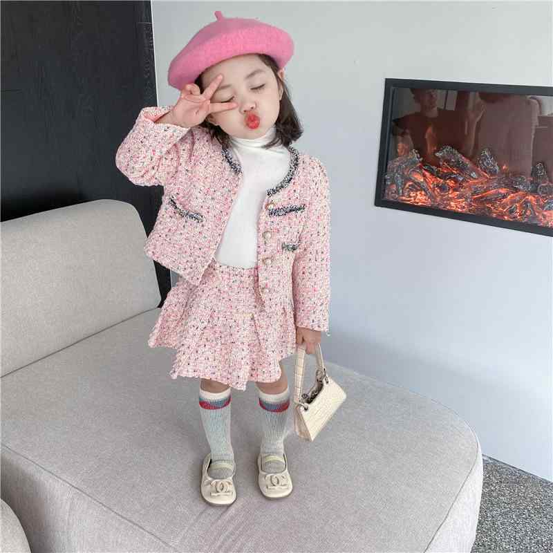 子供用セットアップ 女の子用 ツイードジャケット プリーツスカート 2点セット かわいい おしゃれ ガールズ フォーマル 長袖 格子柄 ピンク系 ホワイト 80cm 90cm 100cm 110cm 120cm 130cm