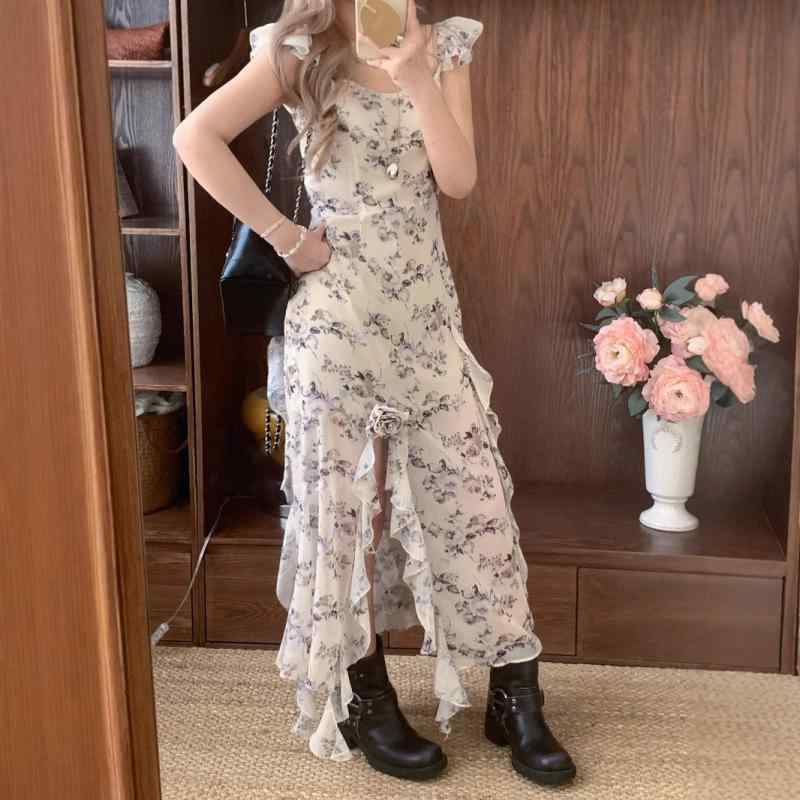 ワンピース レディース 長袖なし 無袖 長丈 フレアスカート フレッシュフラワープリント 花柄 かわいい 春夏 ミルクホワイト アイボリー クリームホワイト 日韓風 韓国スタイル インスピレーション スタイル ゆったり ルーズ フィット ボートネック ウ