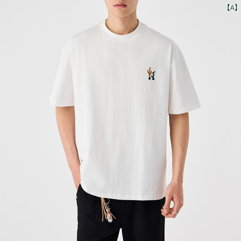 Tシャツ メンズ 短袖 丸首 刺繍 綿100% ゆったり 日常使い 夏 シンプル 花柄 植物柄 落肩袖 白色 黒 ベージュ 青年向け