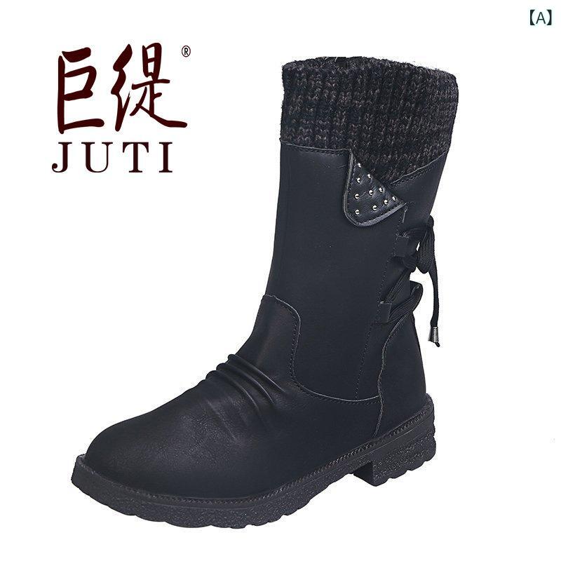 ブーツ レディース 復古調 毛糸 ローヒール 紐 秋冬 PU レザー 切り替え 35-43サイズ ブラック パープル ブルー カーキ グレー