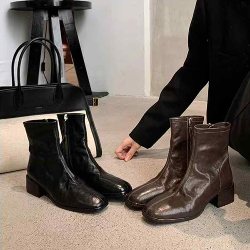 ブーツ レディース 遊撃手ブーツ 本革 厚底 置き目踵 太踵 疲れない 履き分かりやすい 歩き分かりやすい サイドジップ なめし革 お上さん靴 秋冬 黒いこと 赤銅色 その他-レディース靴-靴