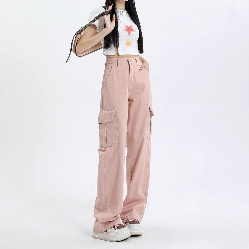 レディース デニムパンツ 高腰 工装 牛仔 春季 ワイドレッグ 長ズボン 通勤 普段使い 気質 スタイル 綿素材 50-70% 中厚 ノンストレッチ ヴィンテージ加工 洗い加工 ファッション デザイン 白 汚ピンク