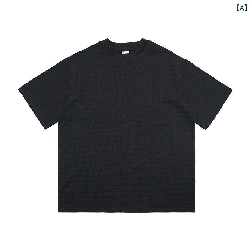 メンズ Tシャツ 短袖 丸首 基礎 デザイン 純色 ニット 合体型 薄手 ポリエステル 透気性 高弾性 水波紋 加工 日常使い 黒 白 花柄 灰 春夏 オールシーズン ファッション トップス ティー シャツ 修身 肌理 提花 針織 ベース レイヤー スタ