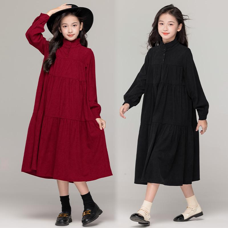 ワンピース 女の子 レトロ ゆったり コーデュロイ 秋冬 長袖 高襟 子供服 膝丈 ミモレ丈 Aライン ブラック レッド 裏地付き 120cm 130cm 140cm 150cm 160cm