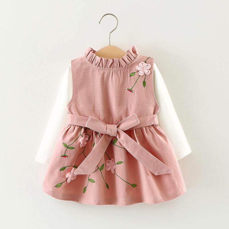 子供服 女の子 ベストワンピース + トップス 2点セット 春秋 幼児 綿95% かわいい ピンク系 黄色 浅緑 80 85 90 100