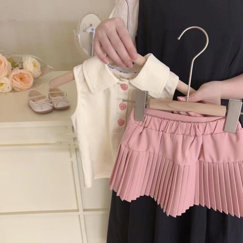 子供用セットアップ 女の子 夏物 半袖ポロシャツ チュニック ミニスカート 上下 2点セット 綿 薄手 ベージュ ピンク系