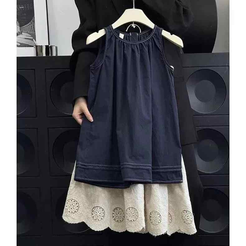 ワンピース キッズ 女の子 夏物 子供服 ノースリーブ バックボタン Aラインスカート ミモレ丈スカート 2点セット 綿 コットン 薄手 涼しい 紺 ネイビー オフホワイト 90 100 110 120 130 140 150