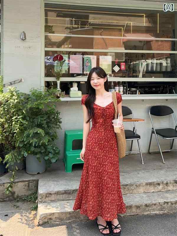 ワンピース 女性用 かわいい フレア袖 花柄 ハイウエスト Aライン Vネック 短袖 中長丈 赤 夏 私服 名媛風 甘辛スタイル プリント加工 セットアップなし オールシーズン