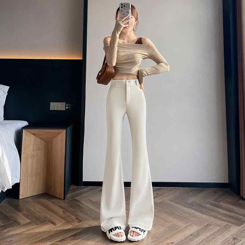 レディース ワイドパンツ クロップドパンツ フレアパンツ マイクロフレア ハイウエスト ロングパンツ 黒 杏色 ポリエステル スパンデックス 切り替え ボタン 気質 通勤 都市 スタイル ミッドストレッチ 95%以上 30%以下 女性 キャジュアルパンツ