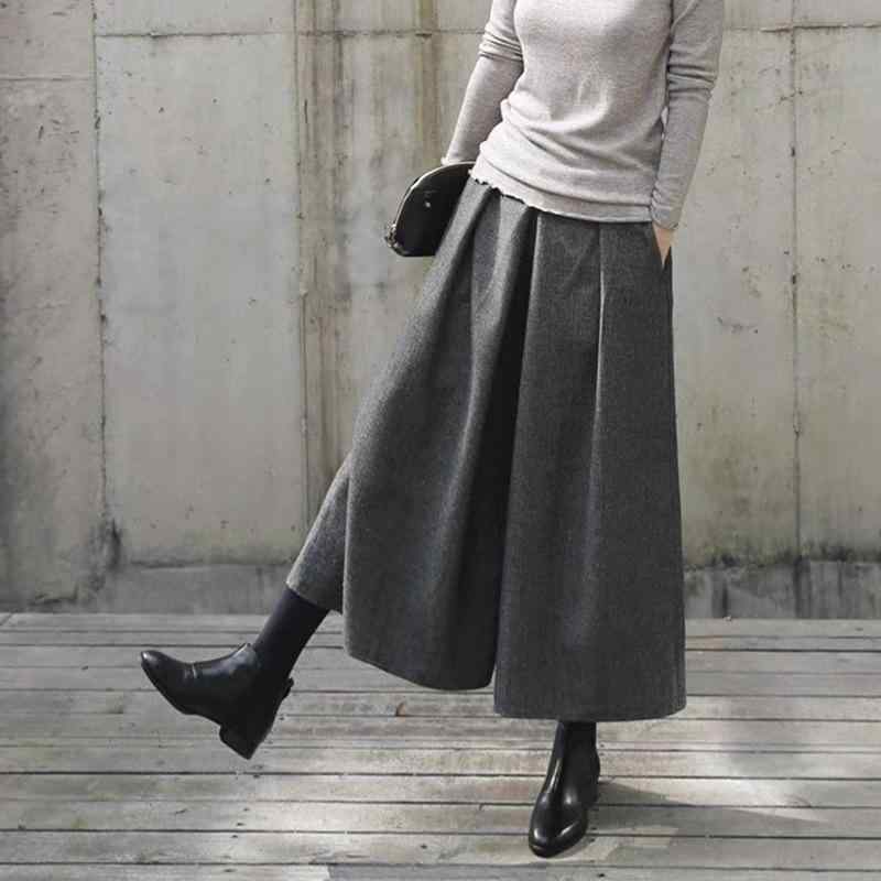 スカート レディース 秋冬 ウール ワイドレッグパンツ 毛混紡 スカーチョ ガウチョパンツ 9分丈 3D立体柄 ゆったりサイズ グレー ブラック