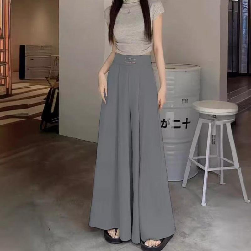 スカート レディース ワイドレッグパンツ 春夏 高見え 和風 チャイナ風 デザイン 飾りボタン ハイウエスト ゆったり 美脚 ロングパンツ 混紡 ブラック 黒 杏色 グレー