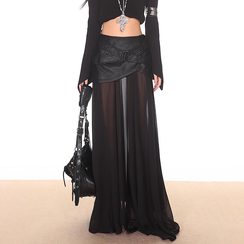 スカート レディース ローライズ 黒色 メッシュ シースルー レザー Aライン ロングスカート ポリエステル PU 無地 普段使い セクシー