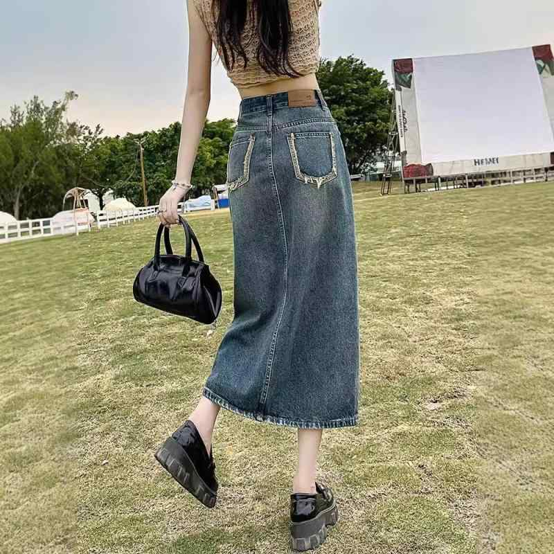 デニムスカート レディース Aライン ミモレ丈 ハイウエスト スリット 切り替え タイト 美脚 脚長効果 コットン ウォッシュ加工 ブルー系
