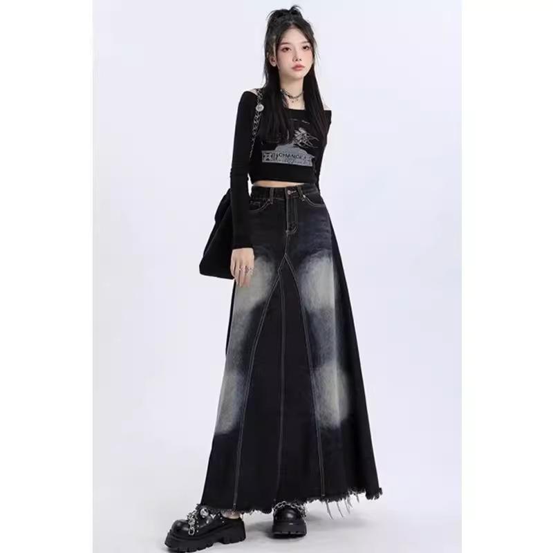 スカート レディース デニム Aラインスカート ミモレ丈 ハイウエスト 切り替え 藍色 グレー ポリエステル 通勤 普段使い