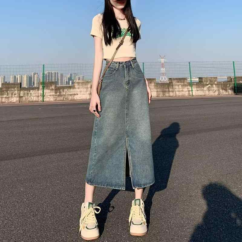 デニムスカート レディース Aライン スリット ミモレ丈 ハイウエスト 着痩せ タイトスカート コットン 復古色 伸縮性 欧米風 通勤 春夏