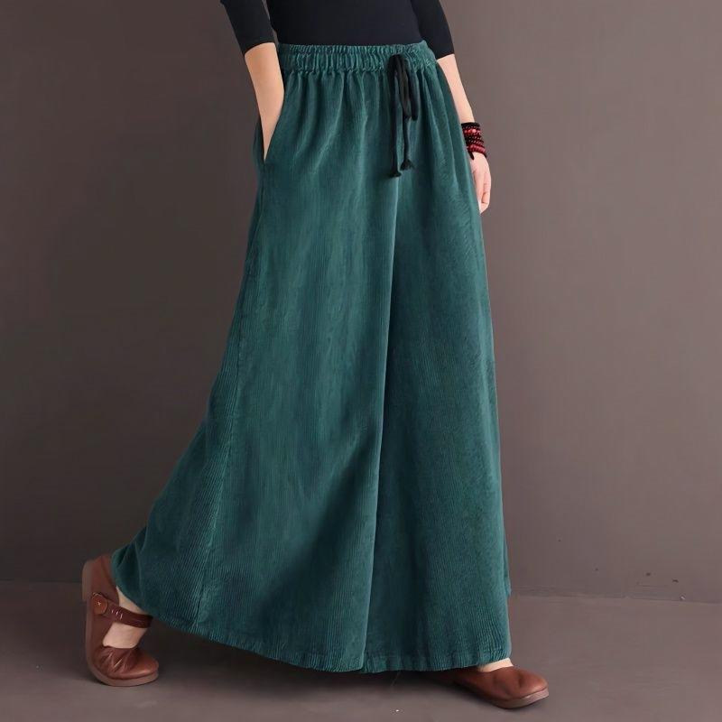 パンツ レディース 秋冬 シェニール コールテン ワイドレッグパンツ カジュアル ミセス 婦人服 ゆったり 伸縮性 ウエストゴム 普段使い お洒落着 ブラック カーキ ダークグリーン