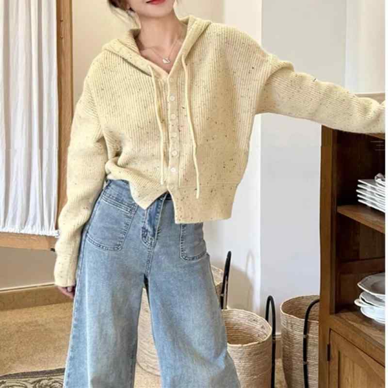 ニット カーディガン レディース 韓国風 ゆったり イエロー系 フード付き ポリエステル アクリル 長袖 秋冬
