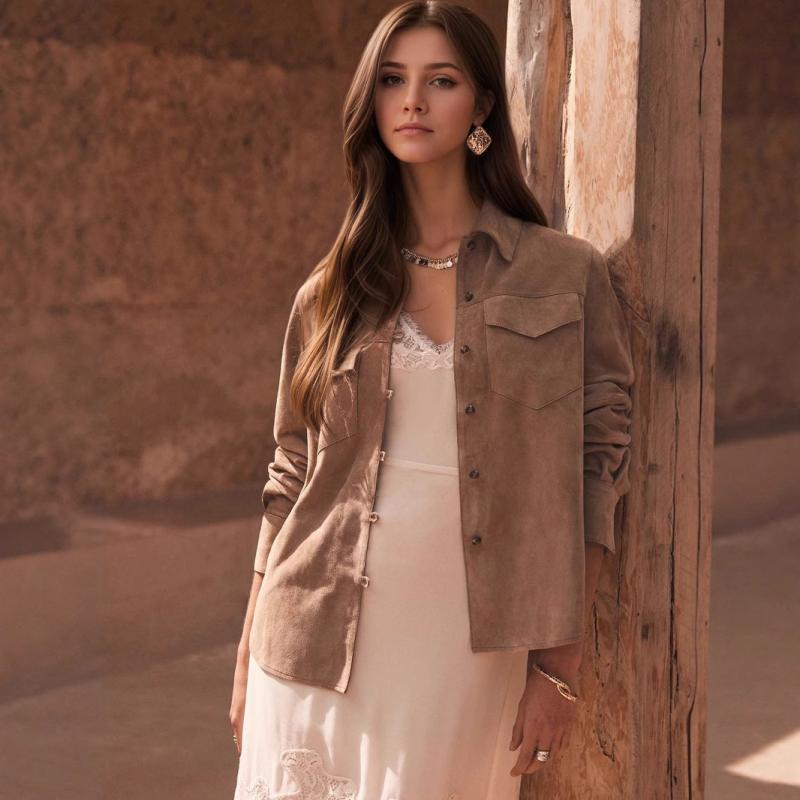 ジャケット レディース スエード テーラード 襟付き ライトブラウン 無地 長袖 ミドル丈 普段使い