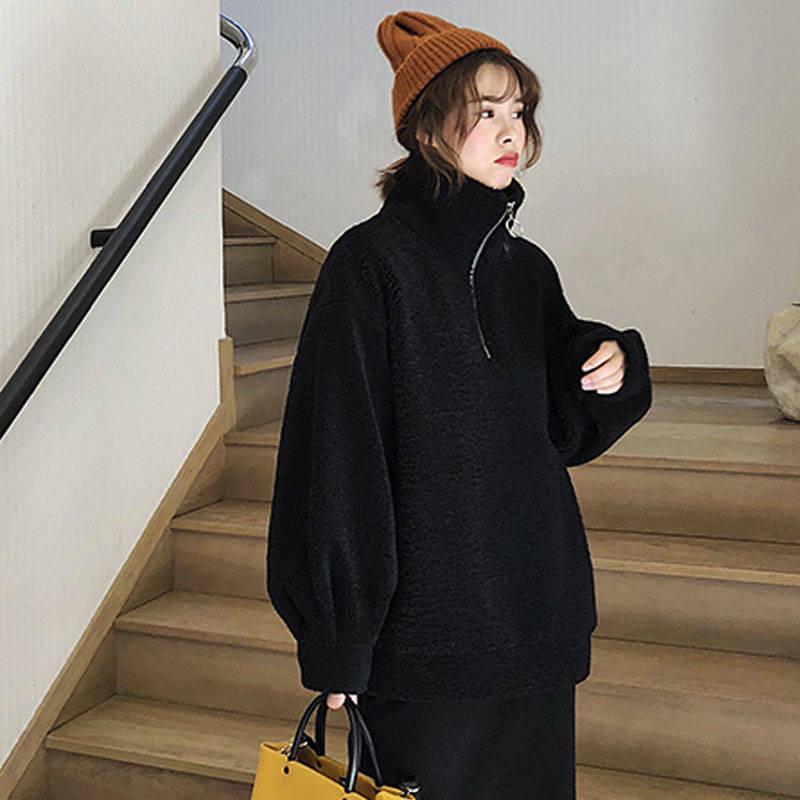 ニット レディース 韓国風 ゆったり 暖か シープボア プルオーバー トップス 白 黒 ポロネック 長袖 秋冬 普段使い かわいい 私服名媛 御姐風