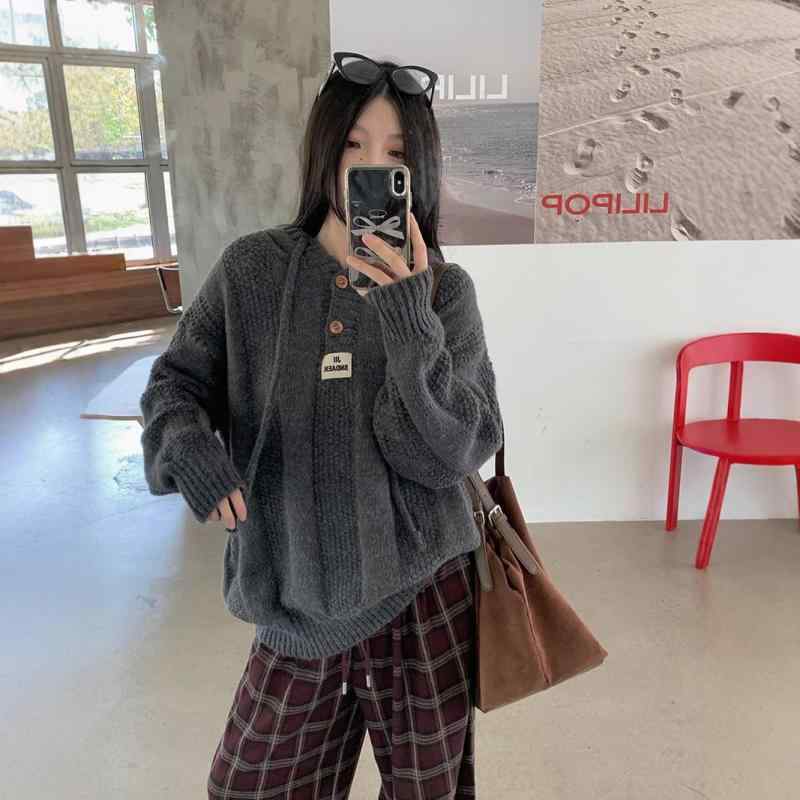 ニット レディース 長袖 フード付き プルオーバー 提花柄 あったか 厚手 灰色 ゆったり トップス 秋冬