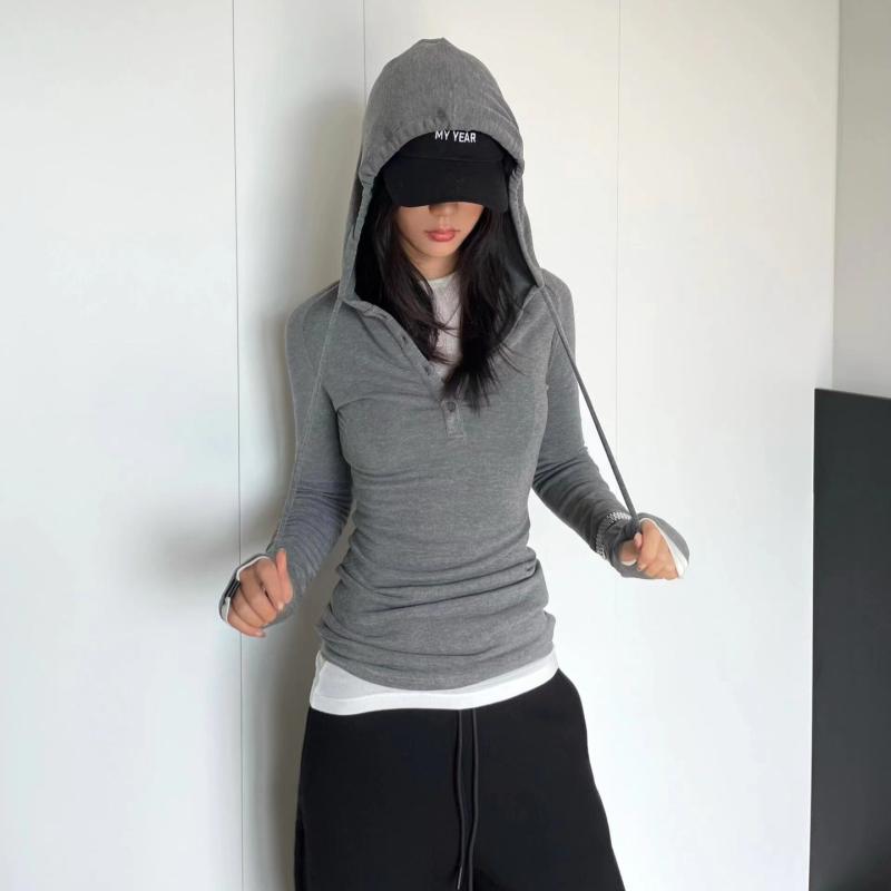 編み物 レディース ヘンリーのど首 長袖 パーカー ティーシャツ カットソー トップス 綿織物混紡 か細い相応う 心地好い 韓国風 秋冬 ニットパーカー-ニット・セーター