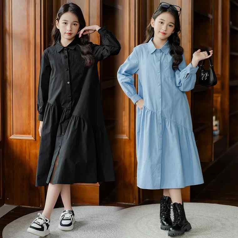 ワンピース キッズ 女の子 魚尾スカート シャツワンピース 長袖 コットン チュニック Aライン 春秋 無地 ブラック ブルー 120cm 130cm 140cm 150cm 160cm 170cm