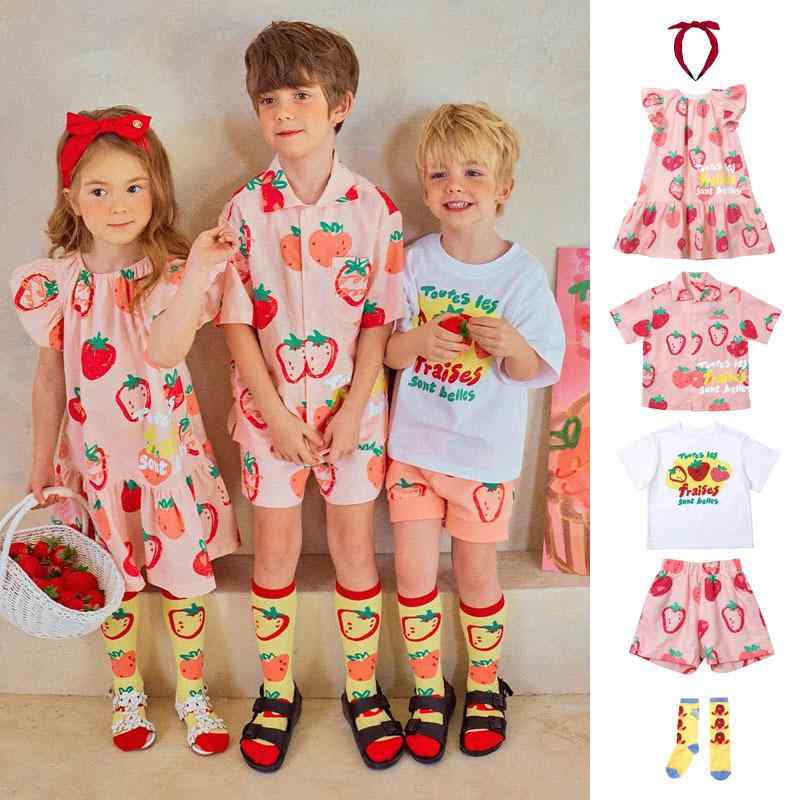 ワンピース & Tシャツ 短パン 上下セット 子供服 女の子 いちご柄 半袖 ショーパン 2点セット かわいい 薄手 夏 韓国風 キッズ ガールズ ボーイズ ピンク系