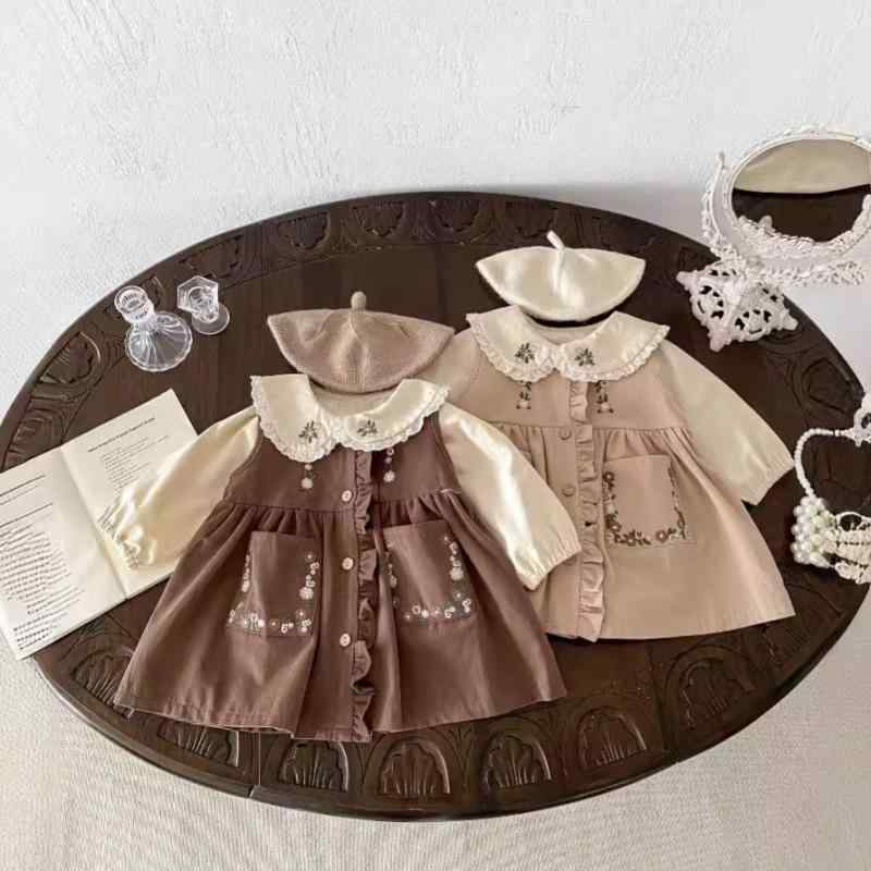 ワンピース 子供服 女の子 秋服 ニット Aライン 花柄 刺繍 ノースリーブ プリンセス風 73CM 80cm 90cm 100cm 110cm カーキ色 コーヒー色