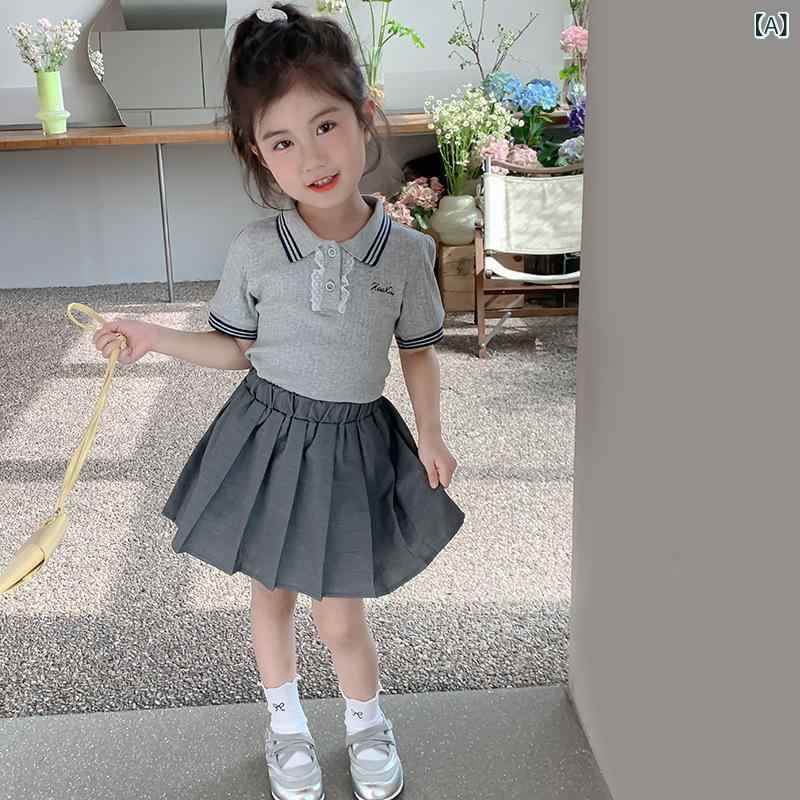 キッズ セットアップ 女の子 子供服 ポロシャツ スカート 2点セット 薄手 学院風 グレー ポリエステル