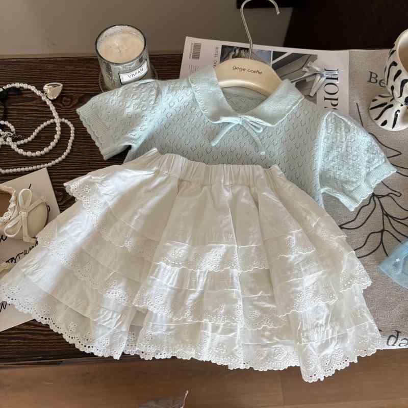 子供用セットアップ 女の子 半袖Tシャツ レーススカート 2点セット 普段着 薄手 春夏 かわいい ブルー ホワイト 80 90 100 110 120 130 140 150
