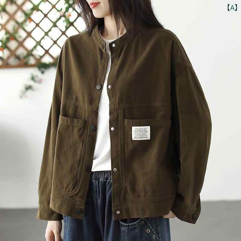 ジャケット レディース 秋物 コットン ゆったりサイズ レトロ 文芸風 ポケット付き カジュアル M L XL 2XL 3XL ブラウン系 レッド系 ブラック グリーン