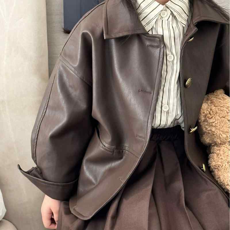 子供用セットアップ レザー風ジャケット 長袖シャツ プリーツスカート 3点セット 春秋 女の子 ガールズ モード かわいい 韓国風 普段着 おしゃれ着 90 100 110 120 130 140cm